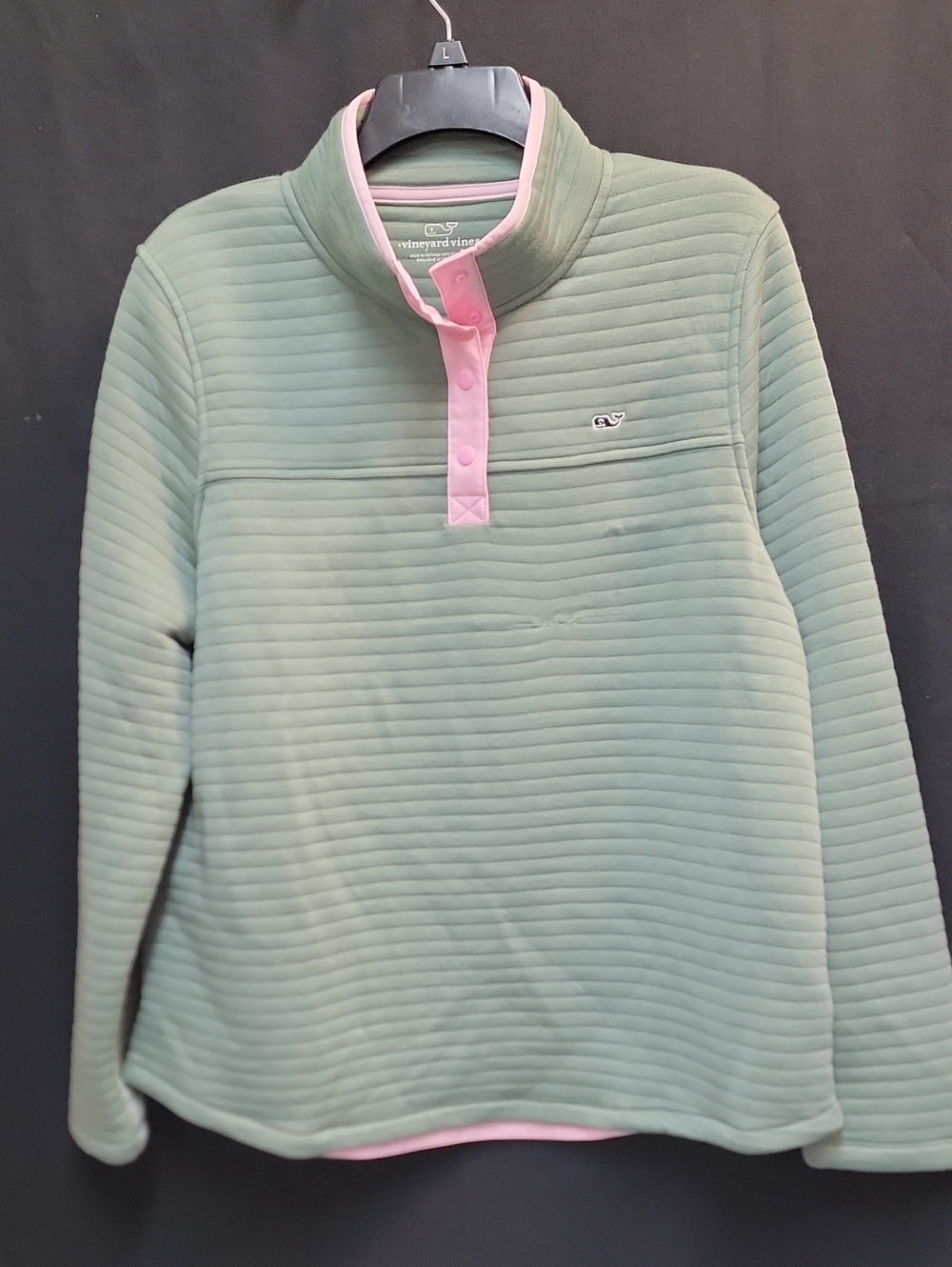 Vineyard Vines Sage Green Quilted Pullover with Pink Trim